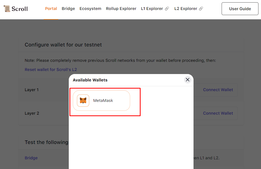 Choose Metamask To Connect To Scroll