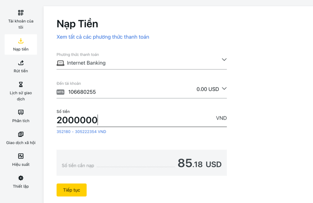 Nap Bang Internet Banking Step 1
