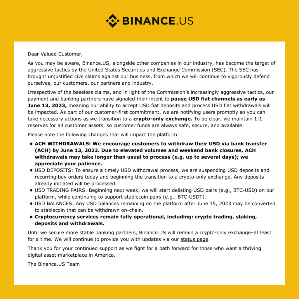 Binance Us Messages To Their Customers About The Suspension