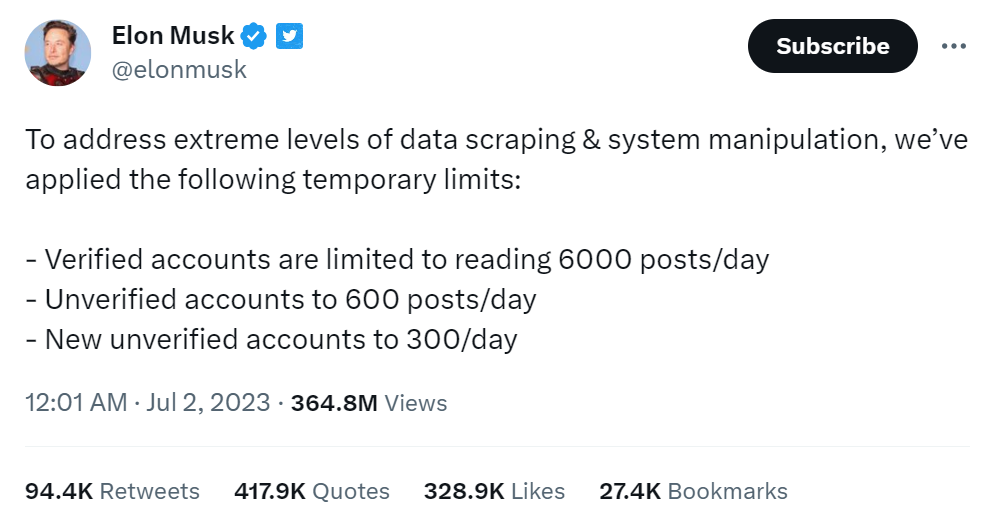 The New Temporary Read Limits Tweet Announcements From Elon Musk