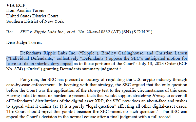 Ripple Labs Formally Objects To Sec'S Appeal Filing In Communication To Judge Analisa Torres. (Source: Court Listener)