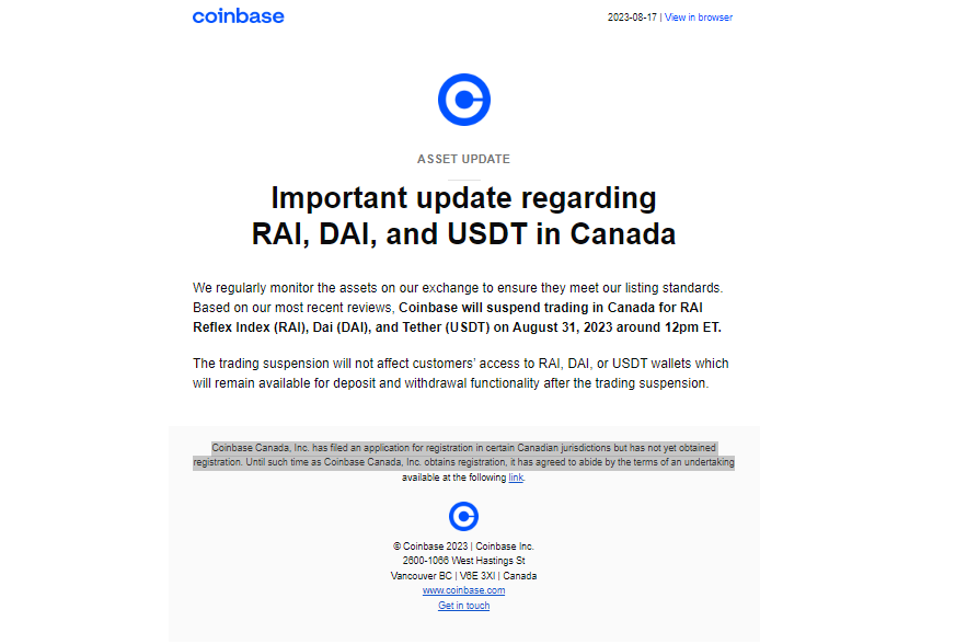 Communication To Canadian Users On August 17 (Source: Coinbase)