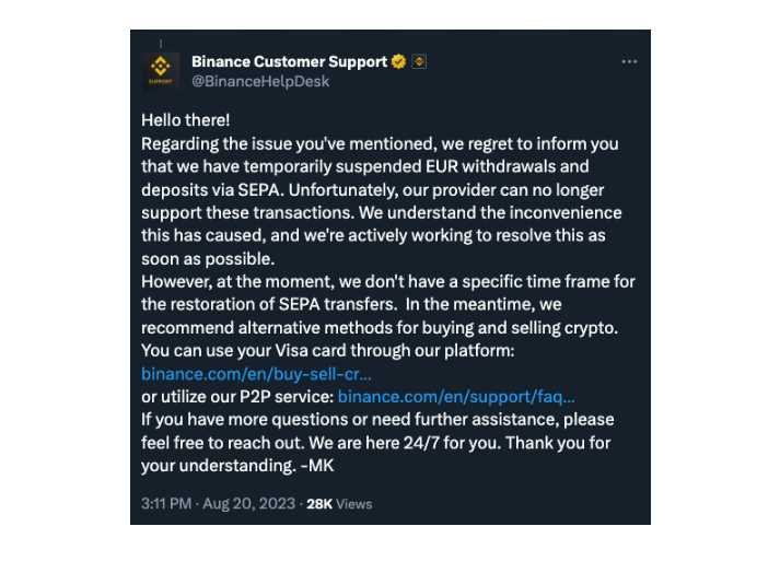 Binance Support Messsage On X