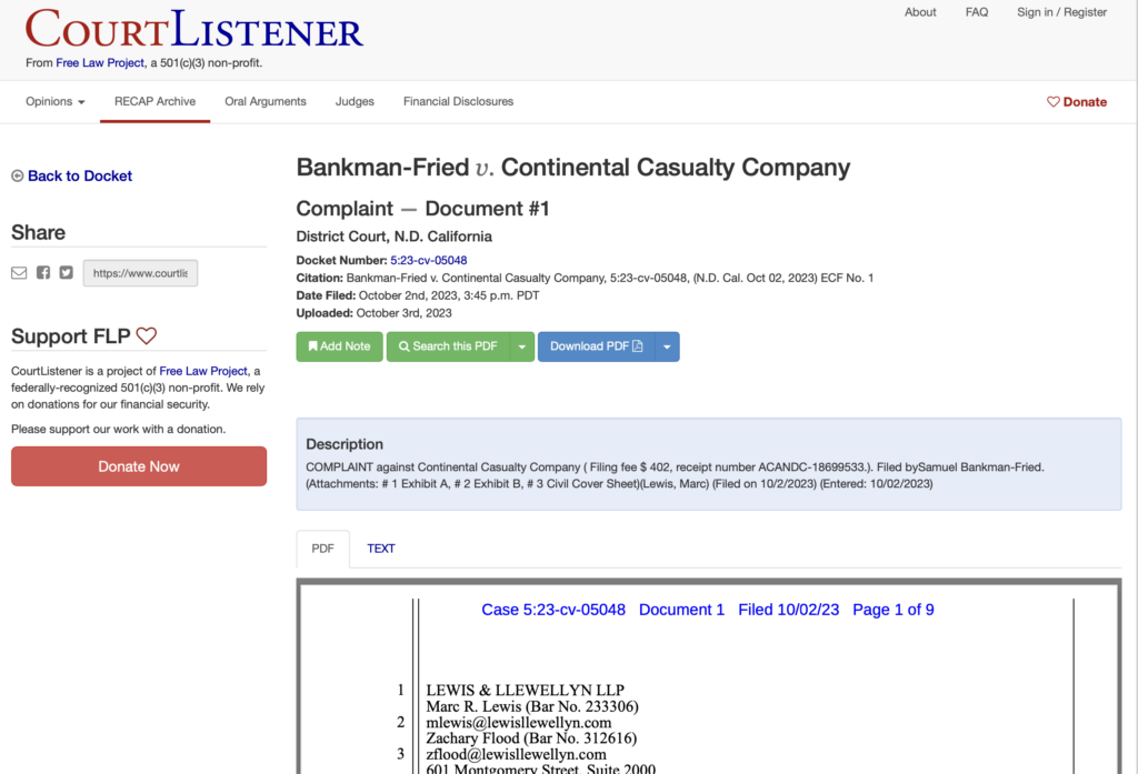 Sam Bankman-Fried'S Complaint Against Continental Casualty. Source: Courtlistener