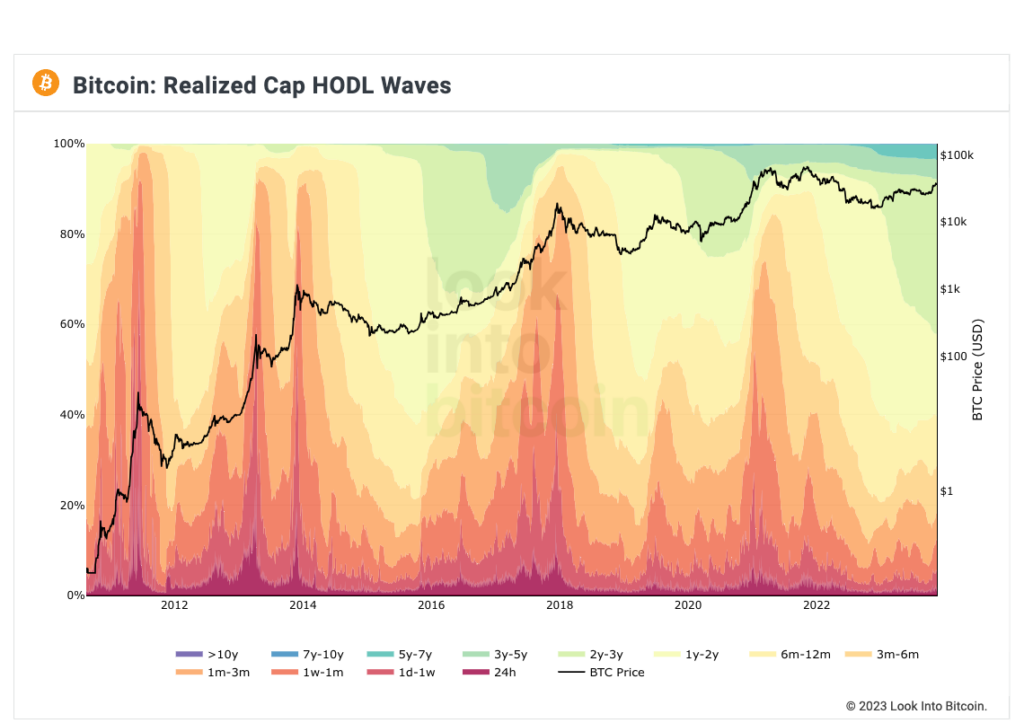 Chart Depicting Bitcoin Rhodl Waves (Source: Look Into Bitcoin)
