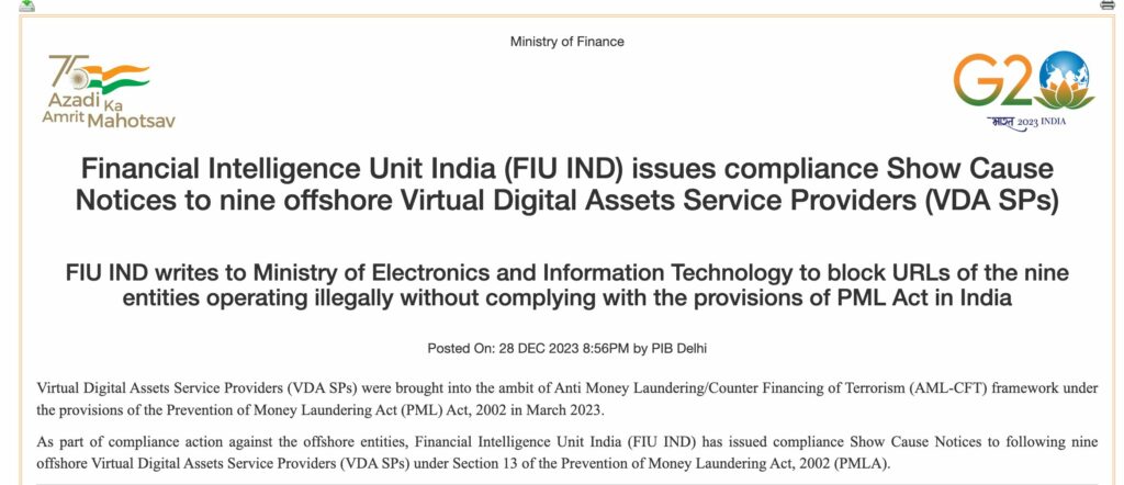 Fiu'S Compliance Show Cause Notices Alert. Source: Pib Government Of India