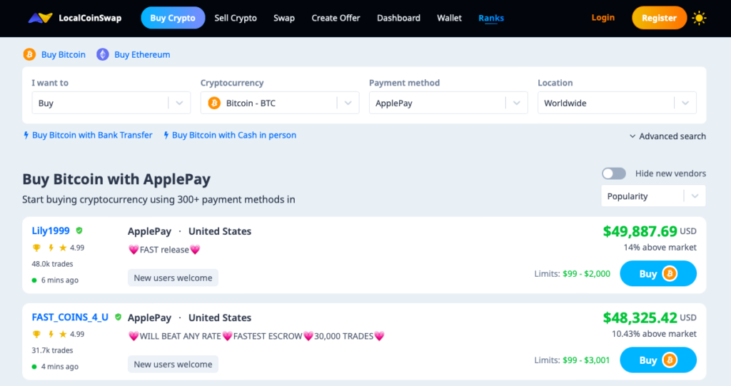 Buy Bitcoin With Apple Pay On Localcoinswap