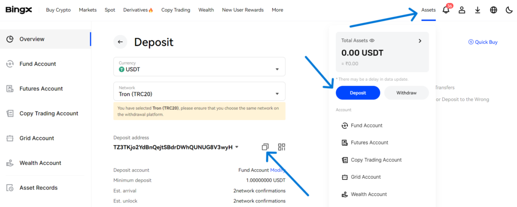 deposit assets to bingx